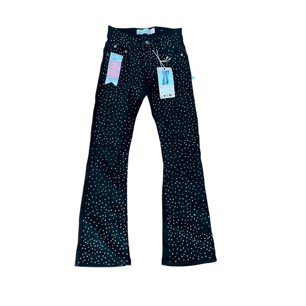 NWT Celebrity Ace Girls Jeans Sz 12 Black w/Rhinestones Flare Leg Stretchy Bling
